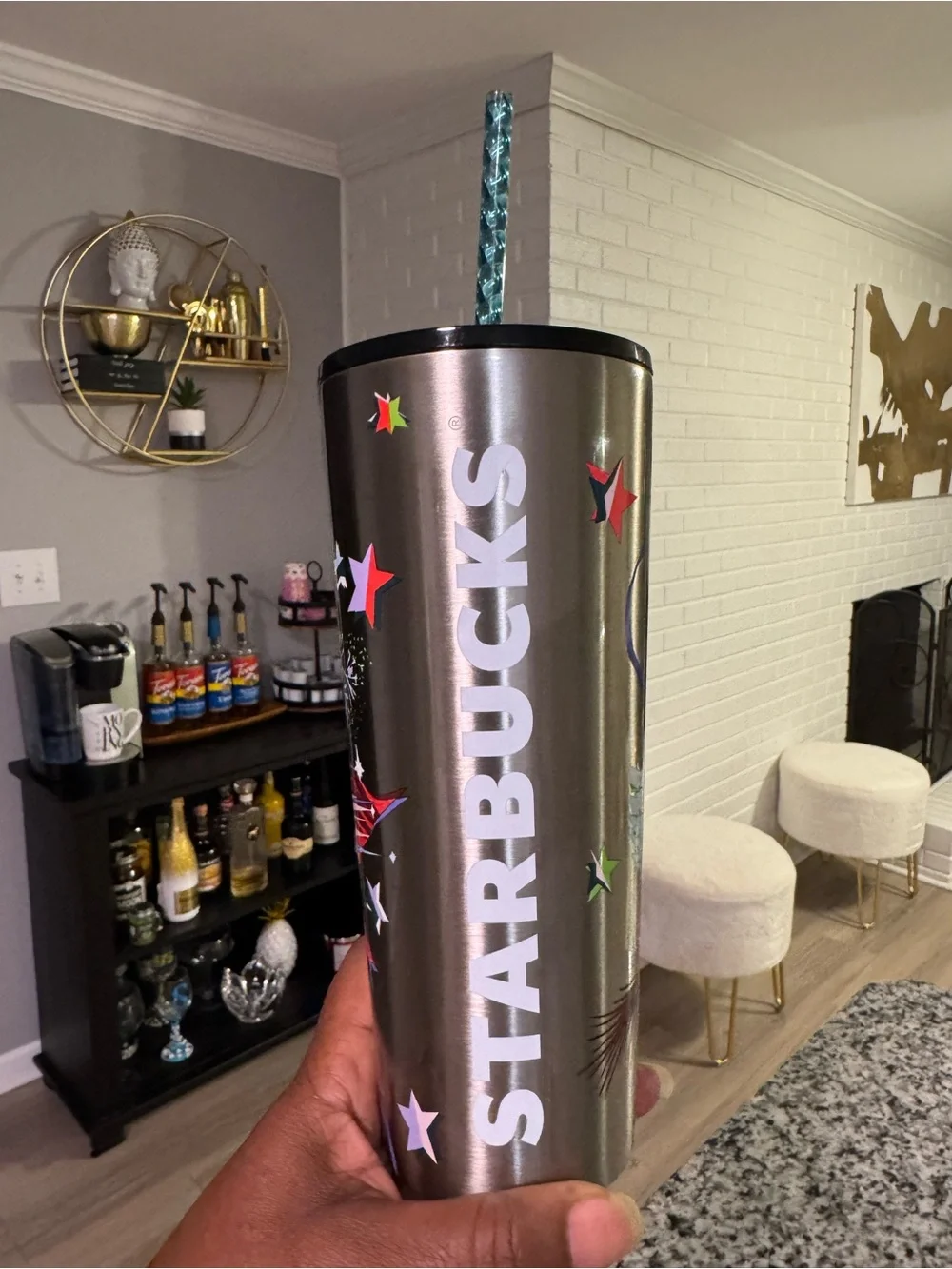 Starbucks Silver Stainless Travel Tumbler with Multicolor Star Accents